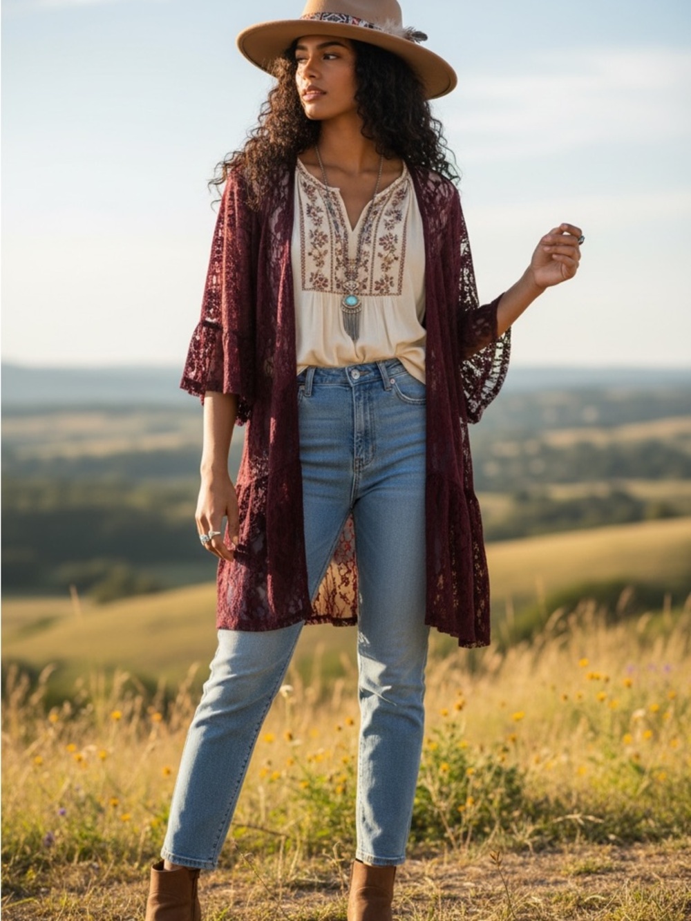 Boho Lace Kimono Cardigan Floral Sheer Duster Open Front Burgundy Sz S/M Y2K